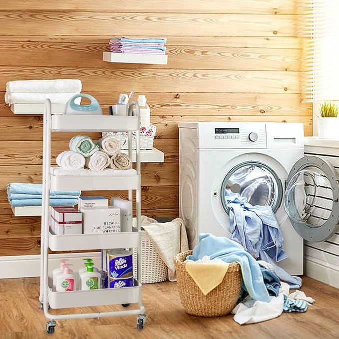 elabo 4-Tier Metal Mesh Utility Rolling Cart, Storage Organizer Trolley Services Cart with Lockable Wheels for Kitchen, Bathroom, Living Room (White)