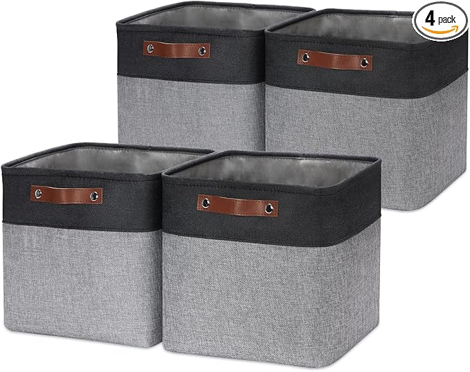 HNZIGE Decorative Storage Basket(4 Pack) Linen Cube Storage Baskets for Organizing Toys,Books,Towels,Blankets,12x12 Baskets for Storage Clothes with Handles(Black&Grey)