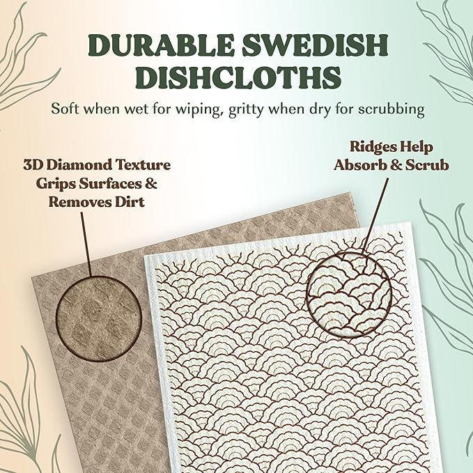 FEBU Swedish Dishcloths for Kitchen | 5 Pack Japanese Reusable Paper Towels Washable | Swedish Dish Towels | Non-Scratch Cellulose Sponge Cloths | No Odor, Biodegradable Cleaning Cloths