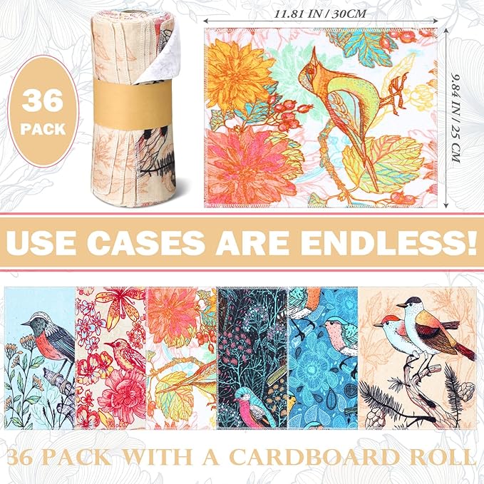 36 Count Reusable Cleaning Cloths Washable Cotton Kitchen Towels for Home(Bird Style,Multicolor)