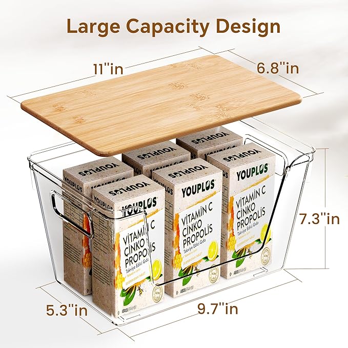Criusia 4 Set Pantry Organizers and Storage with Bamboo Lids, Stackable Clear Bins for Onion, Potato, Fruit, Vegetables, Trash Bag Dispenser, Kitchen and Under Sink Organizer