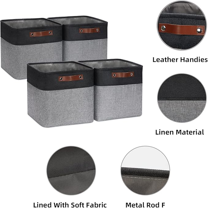 HNZIGE Decorative Storage Basket(4 Pack) Linen Cube Storage Baskets for Organizing Toys,Books,Towels,Blankets,12x12 Baskets for Storage Clothes with Handles(Black&Grey)