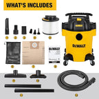 DEWALT Shop Vacuum 6 Gallon 4HP Poly Wet Dry Vacuum Ultimate Cleaning Solution for Construction Workshop Environments for Jobsite Garage Home W/Inflation Ket, Yellow, DXV06PL