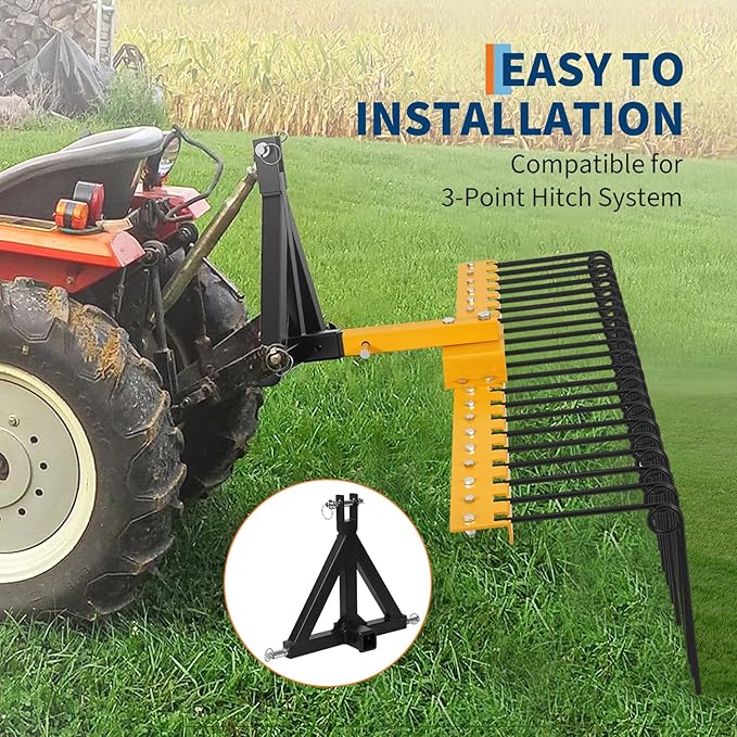 48 Inch Durable Pine Straw Rake Powder Coated Steel Landscape Rake Fits 2" Receiver for Lawn Tractors or ATV/UTV, Orange