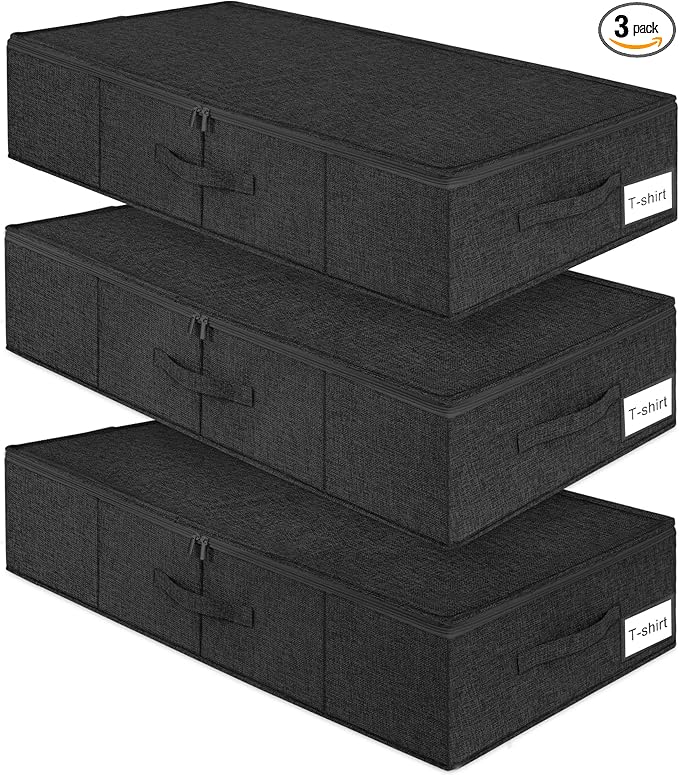 Under Bed Storage Container, 3 Pack Underbed Storage Bags With Lid, Foldable Sturdy Clothes Storage Organizer W/ 3 Handles, Ultra Thick Fabric Blanket Shoe Storage Box, 30x15x6.7inch, Black, 50L