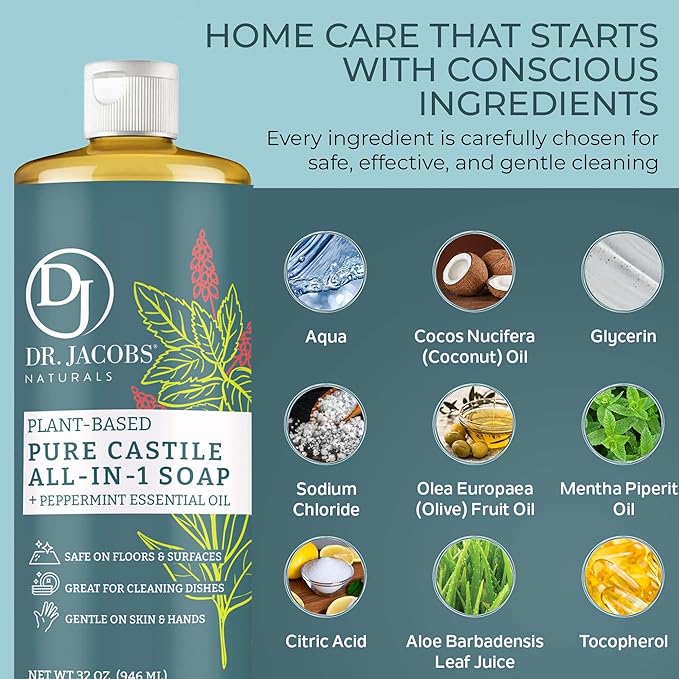 Dr. Jacobs Naturals Peppermint Castile All-in-One Cleaner and Soap - Plant-Based Formula for House Cleaning Floors and Appliances - Gentle on Skin and the Planet - 32 oz, 1 Pack