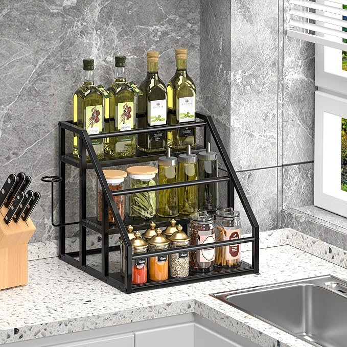 Coffee Syrup Rack Organizer, Spice Racks, Syrup Bottle Holder Stand for Coffee Bar, 3-Tier 12 Bottles Storage Shelves for Syrup, Wine, Dressing for Kitchen Countertop, Black