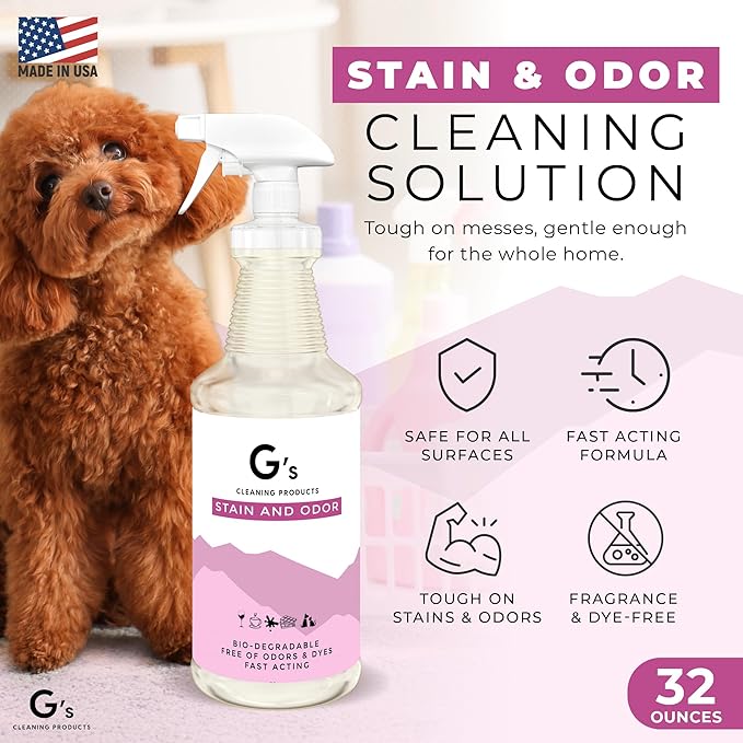 G's Cleaning Biodegradable Stain & Odor Remover Spray – 32 oz Pet Urine Enzyme Cleaner – Pet Odor Eliminator for Home – Cat & Dog Pee Carpet Cleaner – Stain Remover for Rug, Floor, Furniture, Mattress