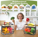 Wawocs Magnetic Shelf for Fridge with Wood Lid, 2 Tier Fruit Baskets Wall Mounted Hanging Basket with 4 Hanger Hooks, Potato and Onion Magnetic Storage Bins for Kitchen Counter, Refrigerator, Cabinet