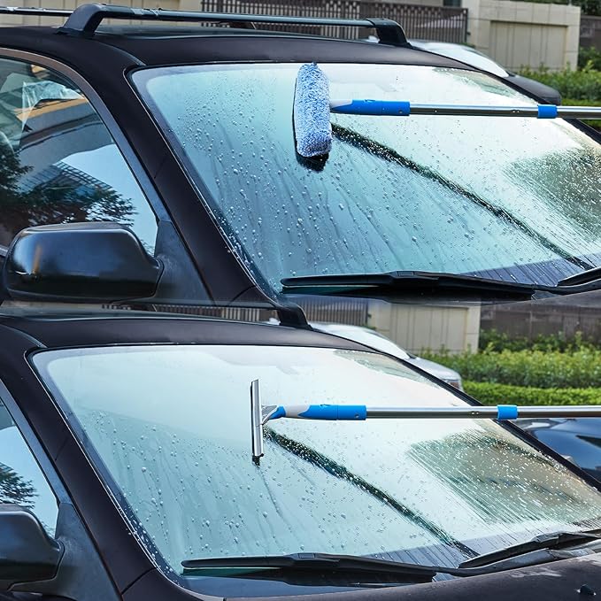 6.5 Feet Window Cleaning Kit with Extension Poles, Window Cleaner Tool with 14’’ Silicone Squeegee, 14’’ Microfiber Scrubber & Cloth, Window Washing Equipment for Indoor/Outdoor Windows