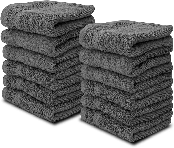White Classic Luxury Cotton Washcloths 13x13 Inch - 650 GSM Turkish Cotton | Hotel, Spa, Bathroom Face Towel | 12 Pack, Dark Gray