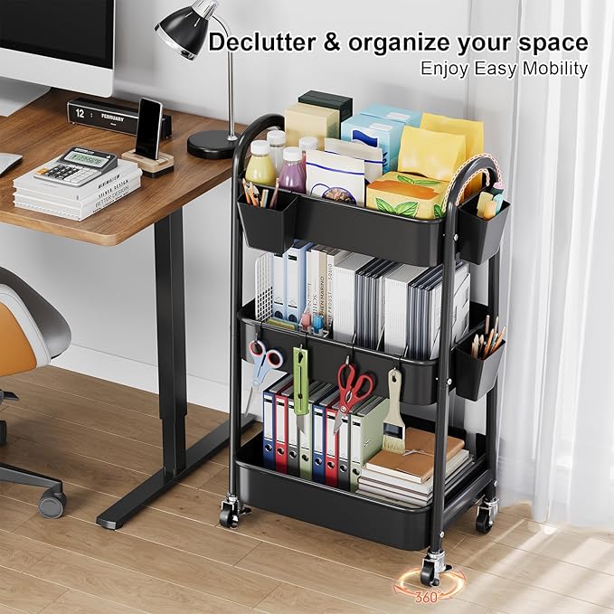 3 Tier Metal Rolling Cart with Lockable Wheels, Heavy Duty Three Tiered Baby Cart Organizer on Wheels, Black Utility Storage Trolley Carts for Art, Craft, Snack, Nursery, Diaper,Cleaning Supplies,Mesh