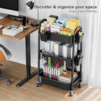 3 Tier Metal Rolling Cart with Lockable Wheels, Heavy Duty Three Tiered Baby Cart Organizer on Wheels, Black Utility Storage Trolley Carts for Art, Craft, Snack, Nursery, Diaper,Cleaning Supplies,Mesh