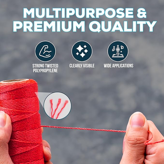 3 Roll Mason Line String – 262ft, 1.3mm Thick Twisted Polypropylene – Durable Construction Twine for Laying Bricks, Blocks, Fences in Gardening, DIY & Landscaping Projects (Yellow,Red,Blue)