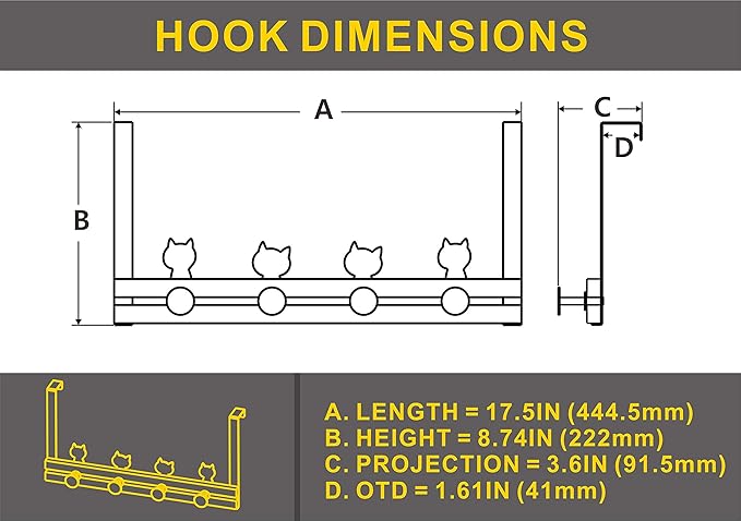creathome Over The Door Rail with 4 Peg Hooks, Lovely Cat Pattern, Classic Style