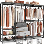 Aheaplus Wood Clothes Rack Wardrobe Organizer for Hanging Clothes, Heavy Duty Garment Rack, Large Corner L Shaped Closet System with 3 Wood Drawers, White and Grey
