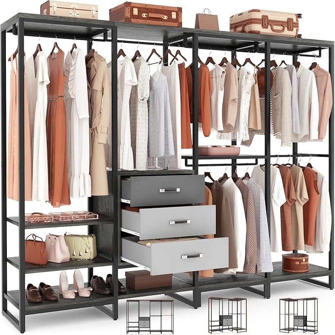 Aheaplus Wood Clothes Rack Wardrobe Organizer for Hanging Clothes, Heavy Duty Garment Rack, Large Corner L Shaped Closet System with 3 Wood Drawers, White and Grey