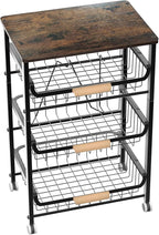 4-Layer Fruit Basket Kitchen Food Organizer and Rack, Stackable Storage Cart with Desktop, Pull-Out Hollow Metal Basket, Sliding Out Storage (Black 4-Layer Rack)