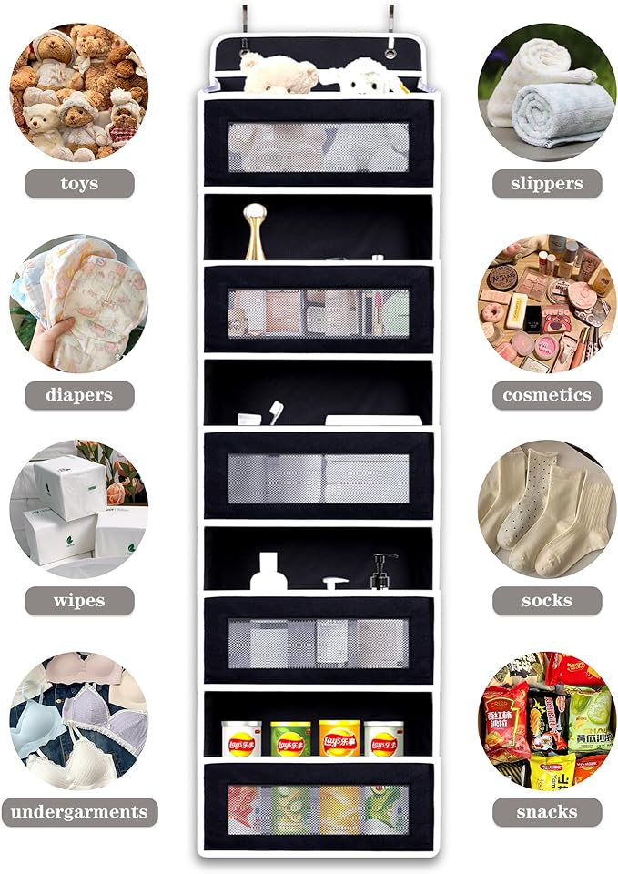 Over Door Hanging Storage Organizer, 5 Large Pockets, 10 Mesh Pockets,Black, 44 lbs Capacity (Black)