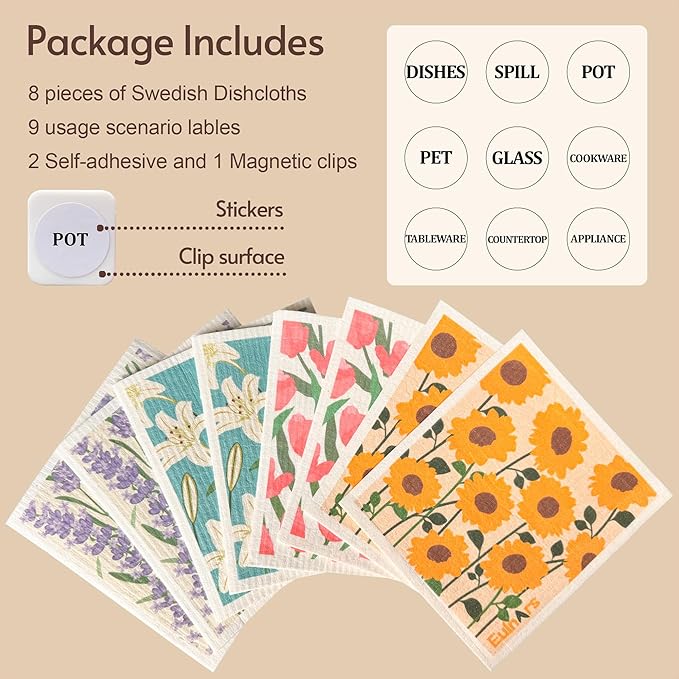 Swedish Dishcloths for Kitchen, 8 Pack Flower Reusable Paper Towels Washable, Non-Scratch Swedish Kitchen Towels, Super Absorbent Cellulose Dish Cloths, Eco Friendly Gifts