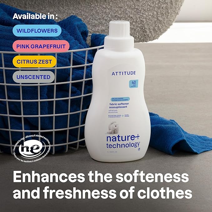 ATTITUDE Liquid Fabric Softener, Plant-Based & Vegan, HE Compatible, Naturally Derived, Unscented, 40 Loads, 33.8 Fl Oz
