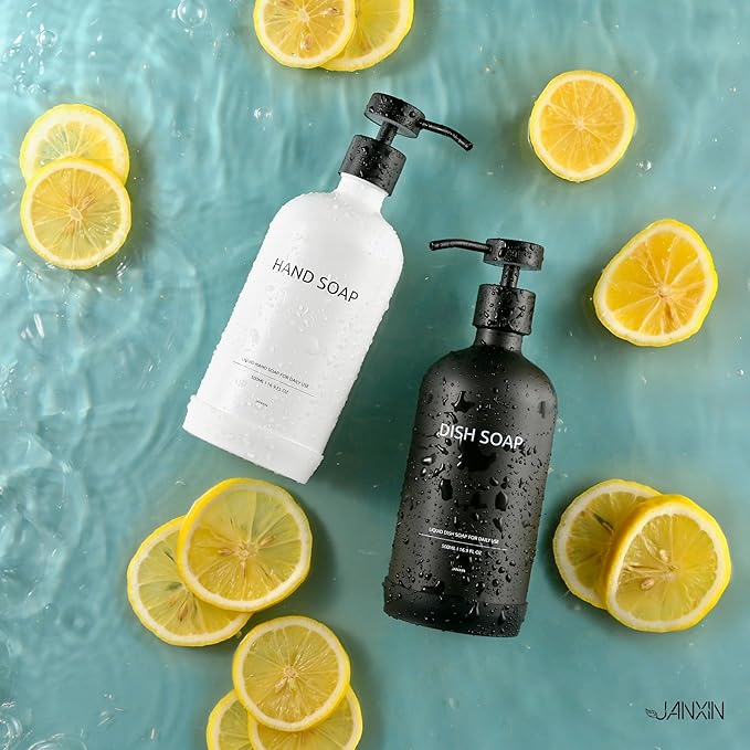 Glass Kitchen Soap Dispenser Set with Ceramic Tray,16.9 floz Hand and Dish Soap Dispenser for Kitchen and Bathroom Decor,White and Black Kitchen Accessories(White Bottles+Black Bottles)