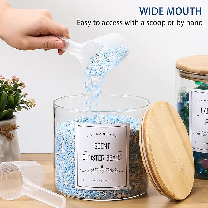 2 Pack Laundry Room Organization Glass Jars- Laundry Pods Container With Airtight Bamboo Lid- Dishwasher Pods Container. Laundry Jars For Detergent Powder, Dryer Balls,Scent Boosters(0.5+0.8Gallon)