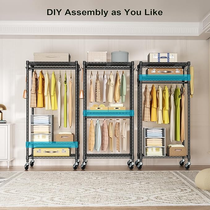 P3 Mini Rolling Clothes Rack, Clothing Racks for Hanging Clothes, Heavy Duty Garment Rack with Wheels, Freestanding Portable Closet Rack 23.6'' W x 14'' D x 78.5'' H, Max Load 430 Lbs, Black