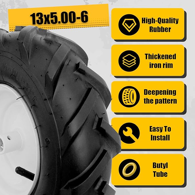 MZREXN 13x5.00-6" Tiller Tire and Wheel 2 Pack, 3/4" Axle Size, 3-1/8" Offset Hub, 4Ply Pneumatic, Compatible with Garden Trailer, Lug Tractor & Trencher, Tillers, and Lawn Mover Replacement Tire