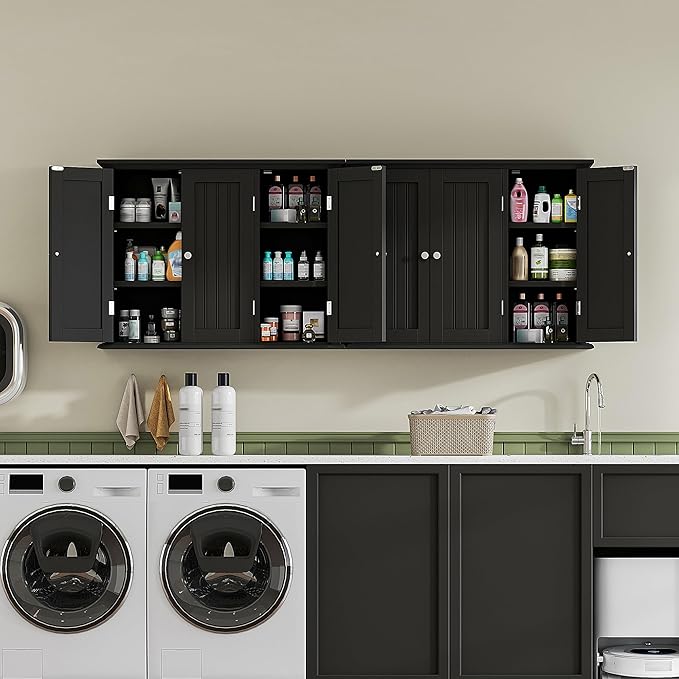 ChooChoo Bathroom Wall Cabinet with 3 Doors, Laundry Cabinet Wall Mounted, Medicine Cabinet with Adjustable Shelves, Hanging Kitchen Cupboard Organizer, Black