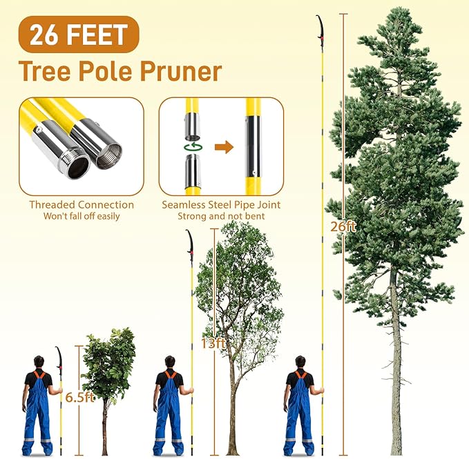 VINGLI Manual Pole Saw for Tree Trimming, 26 ft Extendable Tree Pruner, Sharp Steel Blade and Scissors, High Tree Branch Cutter with Lightweight 8 Fiberglass Long Handles, for Pruning Palms and Shrubs