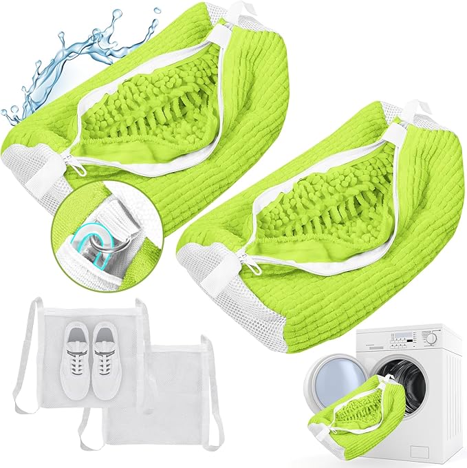 2 Pcs Shoe Washing Machine Bags, XXL Shoe Laundry Bags for Washer and Dryer, Sturdy Zipper with Hook Design, 2 Sneaker Dry Bags Included, Reusable Washing Bag for Sneaker, Tennis, Green 2 Packs
