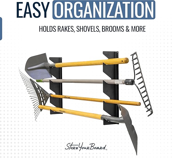 StoreYourBoard Shed Tool Organizer Wall Mount, Garage Organization, Garden Tool Organizer for Shovels and Rakes, Solid Steel Holds 100 lbs