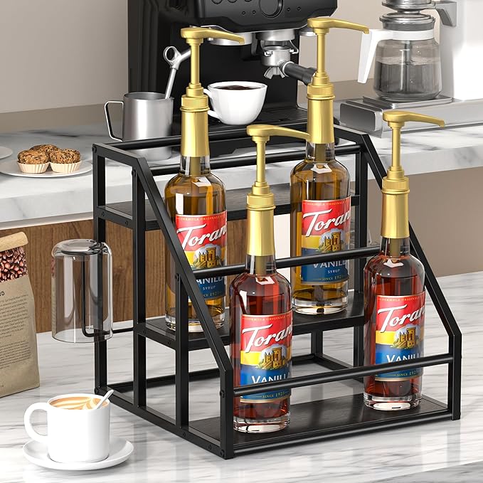 Coffee Syrup Rack Organizer, Spice Racks, Syrup Bottle Holder Stand for Coffee Bar, 3-Tier 12 Bottles Storage Shelves for Syrup, Wine, Dressing for Kitchen Countertop, Black