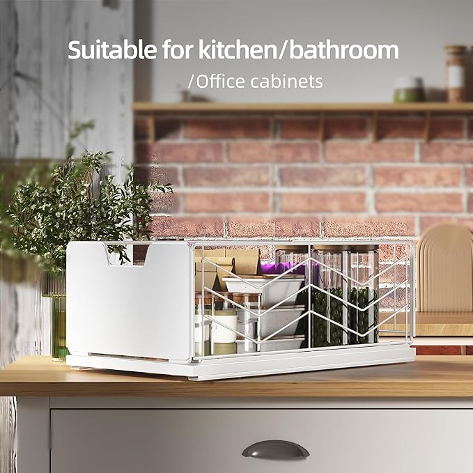 NETEL 4 Pack Pull Out Cabinet Organizer, No Drill Slide Out Drawers for Kitchen Cabinets, Peel and Stick Pull Out Drawers, Kitchen Cabinet Organizer,White,11.8"W X 20.86"D X 6.9"H