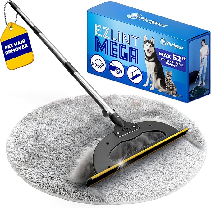 PetLovers EzLint Mega 52" Carpet Rake & Pet Hair Removal Tool – Dog & Cat Hair Remover Broom with Adjustable Handle & Extra Wide Head for Carpets, Rugs & Stairs (Black)