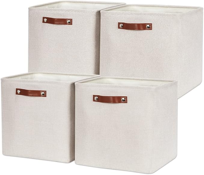 HNZIGE 13x13x13 Cube Storage Bins, Fabric Storage Cubes Baskets for Shelves, Set of 4, Cube Storage Baskets with Handles Foldable Storage Baskets for Organizing Clothes, Toys, Closet, Nursery(Cream)