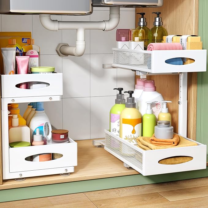 Under Sink Organizer, 2 Pack 2 Tier Pull out Cabinet Organizer Baskets with Mesh Sliding Drawers, Slide out Sink Storage Shelves for Kitchen, Bathroom, Pantry, Cabinet Organizers and Storage(White)