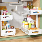 Under Sink Organizer, 2 Pack 2 Tier Pull out Cabinet Organizer Baskets with Mesh Sliding Drawers, Slide out Sink Storage Shelves for Kitchen, Bathroom, Pantry, Cabinet Organizers and Storage(White)