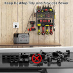 Power Tool Organizer Wall Mount with Charging Station, 4 Layer Storage Rack and Tool Holder for Garage Organization, 6 Drill Holder Wall Mount, 4 Hooks and 6 Outlet Power Strip, Great Men's Gift