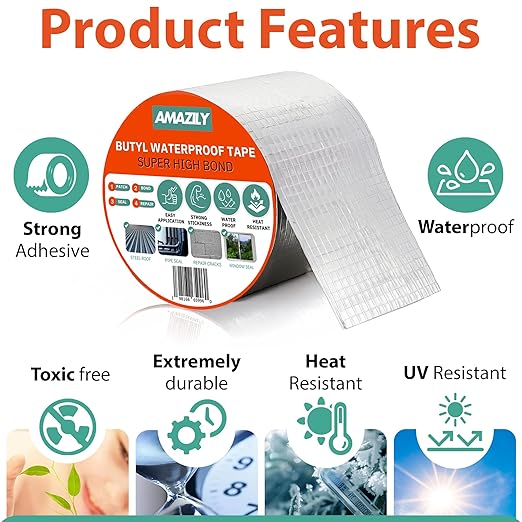 Premium 4in x 16ft Butyl Waterproof Tape - Duct Pipe Sealant Tape Repair Seal Leak Pipe Aluminium Rubber Sealer Window Silicon Metal Silicon Sealing Adhesive Roof