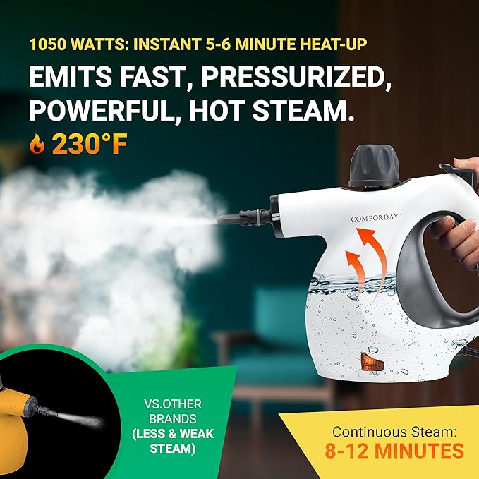 Comforday Multi-Purpose Steam Cleaner with 9-Piece Accessories, Pressurized Handheld Steam Cleaner, Perfect for Stain Removal, Curtains, Car Seats, Floor, Bathroom (White)