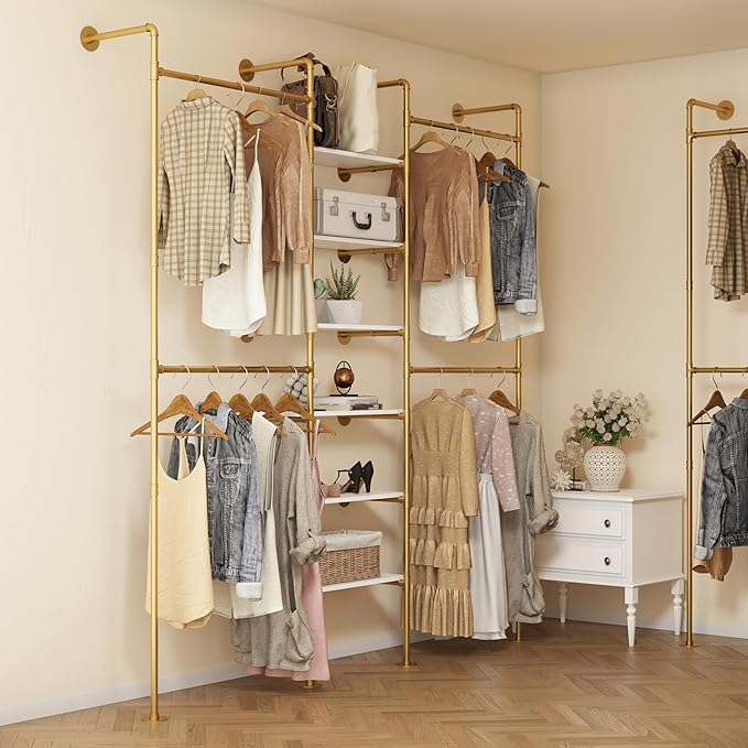 Industrial Pipe Clothes Rack, DÉCOR Wall Mounted Clothing Rack, for Walk-in Wardrobe Multi-Purpose Storage Clothes Hanging Shelf, 2 Installation Methods Gold