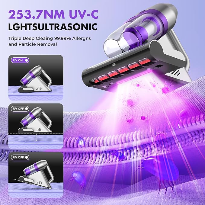 Bed Vacuum Cleaner, Mattress Vacuum Cleaner with UV & Ultrasonic, 16Kpa Suction Handheld Bed Vacuums with High Heating Tech, Effectively Clean Up Bed, Sofas, Pillows, Carpets, 500W(Corded)