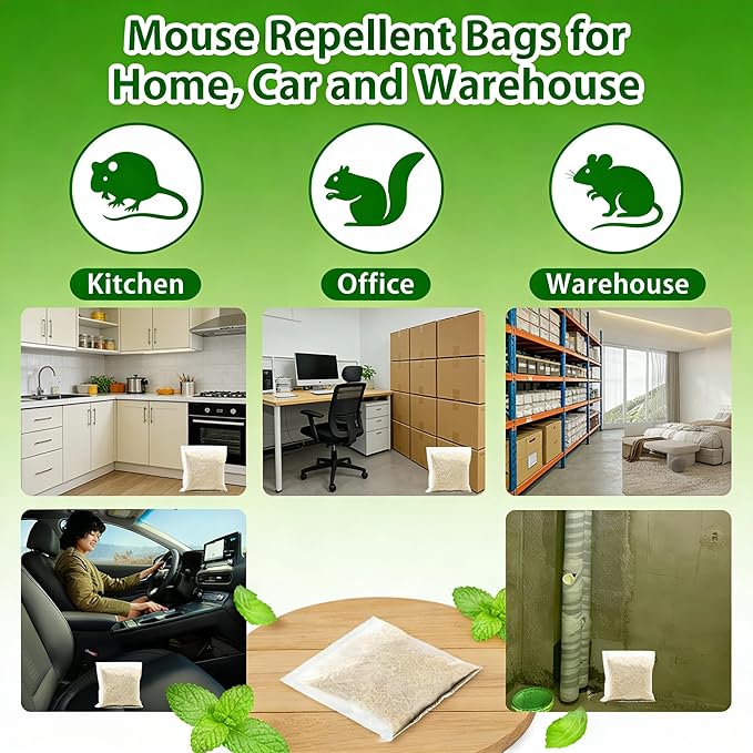 Mouse Repellent Pouches Squirrel Repellent 10 Pack Peppermint Oil Repellent for Mouse, Roach, Rodent, Spider, Ant, Mice, Rats, Pest Control Indoor & Outdoor, Natural Mouse Family & Pet Safe