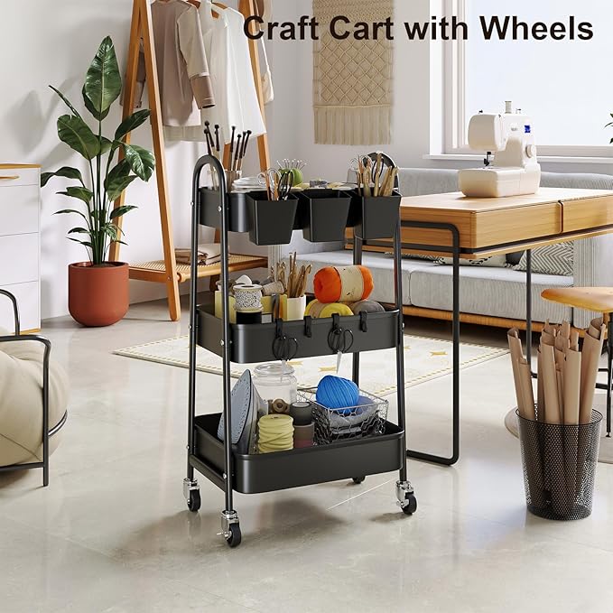 3 Tier Metal Rolling Cart with Lockable Wheels, Black Three Tiered Utility Storage Organizer Carts on Wheels for Bathroom, Kitchen, Laundry, Garage, Office, Craft, Art, Baby, Diaper Caddy, Snack, Book