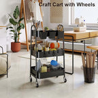 3 Tier Metal Rolling Cart with Lockable Wheels, Black Three Tiered Utility Storage Organizer Carts on Wheels for Bathroom, Kitchen, Laundry, Garage, Office, Craft, Art, Baby, Diaper Caddy, Snack, Book