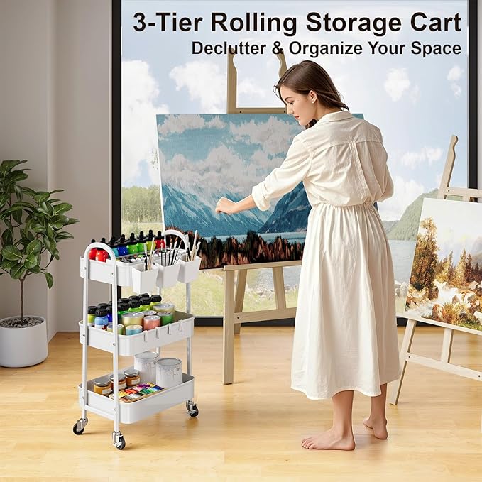 3 Tier Heavy Duty White Metal Rolling Cart with Lockable Wheels, Three Tier Roller Book Snack Cart, Utility Storage Organizer Carts for Kitchen, Bathroom, Garage, Baby Diaper, Craft, Art, Teacher