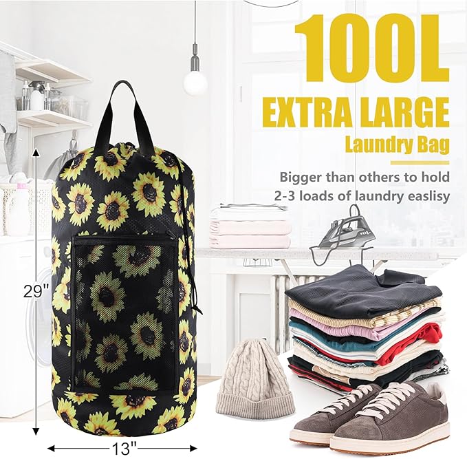Laundry Bag Backpack, 2PCS Extra Large Travel Laundry Bag with Mesh Pocket & Adjustable Shoulder Straps,Dirty Clothes Travel Bag for College Students Dorm,Apartment(Sunflower)