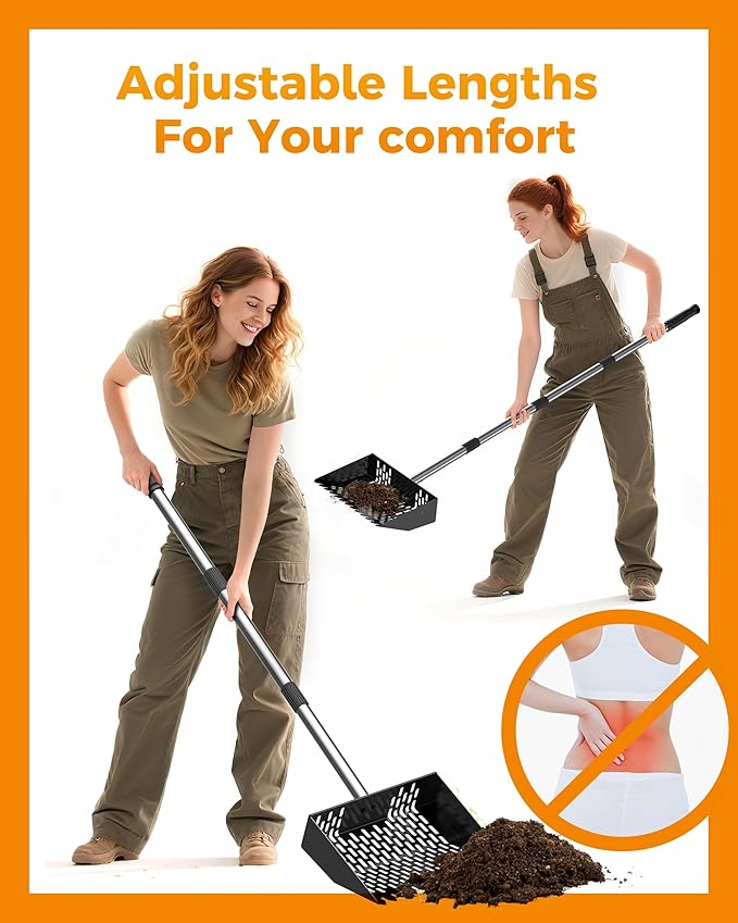 Chicken Poop Scooper with Ergonomic Grip, 4 in 1 Adjustable Chicken Coop Pooper Shovel (24 to 70"), Sifting Litter Shovel Scoop for Chicken Coop/Goat Stall/Stable Cleaning